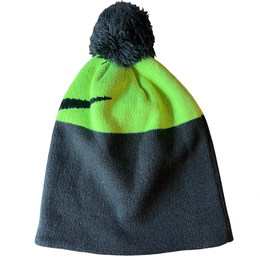 Nike‎ Youth Pom Beanie Hat Neon Green Gray Swoosh Logo Winter Warm